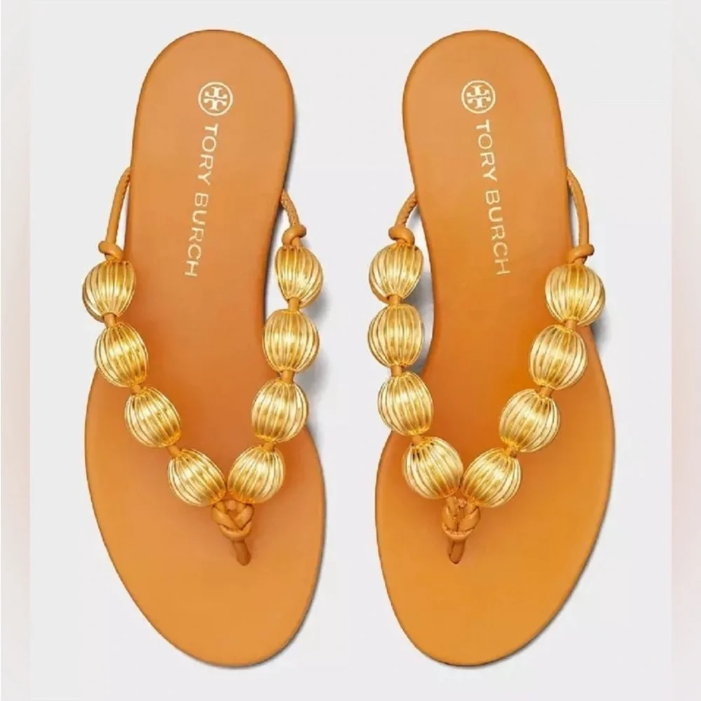 Tory Burch Capri Beaded Orange Leather Thong Sandals Size 7